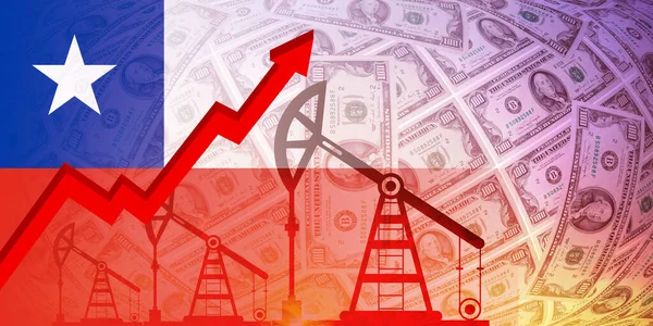 天然气和燃料危机概念 智利国旗上的石油钻机泵和美元背景 — 图库照片