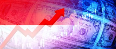 Endonezya bayrağı, dolar banknotları, borsa grafiği ve yükselen kırmızı ok finansal verileri. İstihdam, faiz, enflasyon, durgunluk ve finansal konsept arka plan resmi