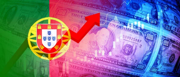 stock image Portugal flag, dollar, stock chart and rising red arrow financial data. Employment, interest, inflation, recession and financial concept background image