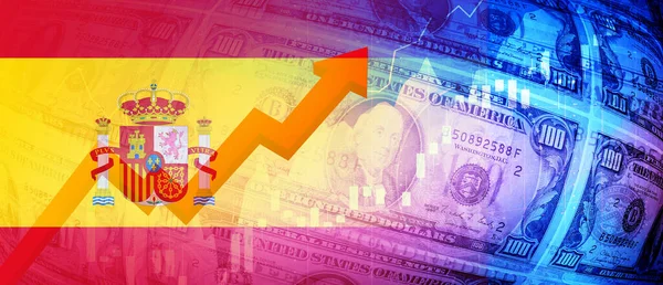Spagna Bandiera Banconote Dollari Grafico Del Mercato Azionario Aumento Freccia — Foto Stock