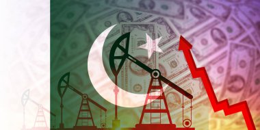 Pakistan petrol, gaz, akaryakıt endüstrisi ve kriz konsepti. Ekonomik kriz, durgunluk, fiyat grafiği. Petrol kuyuları, borsa, döviz kuru, ticaret, petrol üretimi