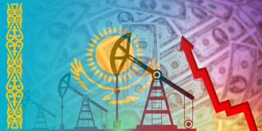 Kazakistan petrol, gaz, akaryakıt endüstrisi ve kriz konsepti. Ekonomik kriz, durgunluk, fiyat grafiği. Petrol kuyuları, borsa, döviz kuru, ticaret, petrol üretimi