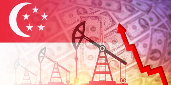 Singapore flag oil, gas, fuel industry and crisis concept. Economic crisis, recession, price graph. Oil wells, stock market, foreign exchange economy, trade, oil production