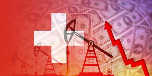 switzerland flag oil, gas, fuel industry and crisis concept. Economic crisis, recession, price graph. Oil wells, stock market, foreign exchange economy, trade, oil production