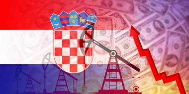 Hırvatistan petrol, doğalgaz, akaryakıt sanayii ve kriz konsepti bayrağı. Ekonomik kriz, durgunluk, fiyat grafiği. Petrol kuyuları, borsa, döviz kuru, ticaret, petrol üretimi