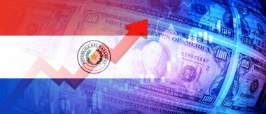 Paraguay bayrağı, dolar banknotları, borsa grafiği ve yükselen kırmızı ok finansal verileri. İstihdam, faiz, enflasyon, durgunluk ve finansal konsept arka plan resmi