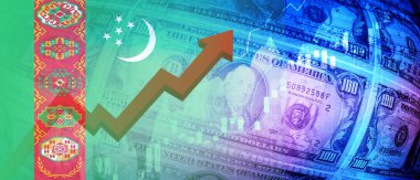 Türkmenistan bayrağı, dolar banknotları, borsa grafiği ve yükselen kırmızı ok finansal verileri. İstihdam, faiz, enflasyon, durgunluk ve finansal konsept arka plan resmi