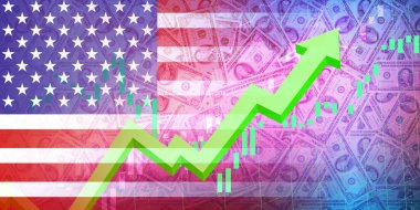 Amerikan ekonomisi. Amerika 'nın finans piyasası. Borsa tablosu, yatırım, mali düzelme, ekonomik büyüme ve para yığını. Finansal konsept arkaplan resmi