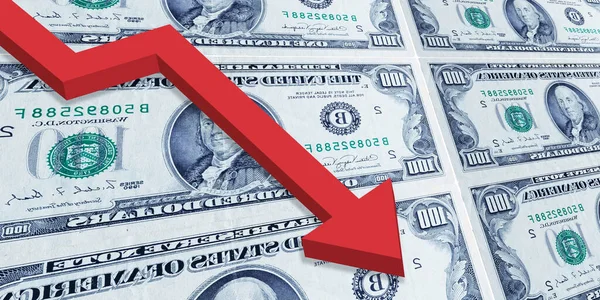 Гроші Фінанси Криза Графік Рецесії Червоною Стрілкою Доларом Економічний Спад — стокове фото