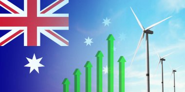 Avustralya bayrağı ve rüzgar türbini, yenilenebilir ekolojik enerji kaynağı. Verimlilik ve ekonomik kalkınma. Yükselen yeşil grafik. Enerji kavramı.