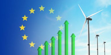 Avrupa Birliği bayrağı ve rüzgar türbini, yenilenebilir ekolojik enerji kaynağı. Verimlilik ve ekonomik kalkınma. Yükselen yeşil grafik. Enerji kavramı.