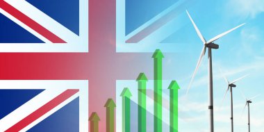 İngiltere - İngiliz bayrağı ve rüzgar türbini, yenilenebilir ekolojik enerji kaynağı. Verimlilik ve ekonomik kalkınma. Yükselen yeşil grafik. Enerji kavramı.