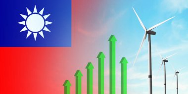 Tayvan bayrağı ve rüzgar türbini, yenilenebilir ekolojik enerji kaynağı. Verimlilik ve ekonomik kalkınma. Yükselen yeşil grafik. Enerji kavramı.