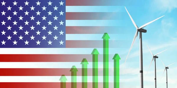 United States America Flag Wind Turbine Renewable Ecological Energy Source — Stock Photo, Image