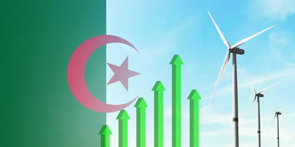 阿尔及利亚国旗和风力涡轮机 可再生能源 效率和经济发展 上升的绿色图表 能源概念 — 图库照片