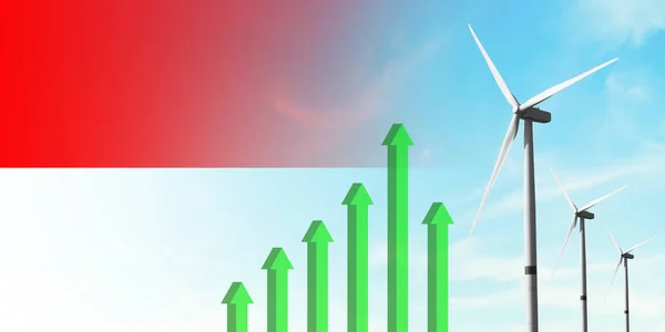印度尼西亚国旗和风力涡轮机 可再生能源 效率和经济发展 上升的绿色图表 能源概念 — 图库照片