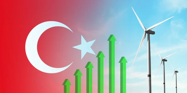 Τουρκική Σημαία Και Ανεμογεννήτρια Ανανεώσιμη Οικολογική Πηγή Ενέργειας Αποδοτικότητα Και — Φωτογραφία Αρχείου