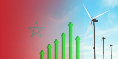Fas bayrağı ve rüzgar türbini, yenilenebilir ekolojik enerji kaynağı. Verimlilik ve ekonomik kalkınma. Yükselen yeşil grafik. Enerji kavramı.