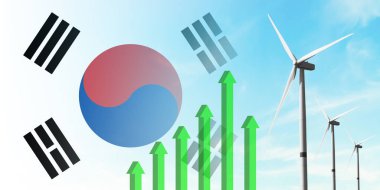 Güney Kore bayrağı ve rüzgar türbini, yenilenebilir ekolojik enerji kaynağı. Verimlilik ve ekonomik kalkınma. Yükselen yeşil grafik. Enerji kavramı.