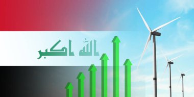 Irak bayrağı ve rüzgar türbini, yenilenebilir ekolojik enerji kaynağı. Verimlilik ve ekonomik kalkınma. Yükselen yeşil grafik. Enerji kavramı.