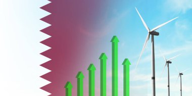 Katar bayrağı ve rüzgar türbini, yenilenebilir ekolojik enerji kaynağı. Verimlilik ve ekonomik kalkınma. Yükselen yeşil grafik. Enerji kavramı.