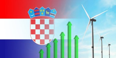 Hırvatistan bayrağı ve rüzgar türbini, yenilenebilir ekolojik enerji kaynağı. Verimlilik ve ekonomik kalkınma. Yükselen yeşil grafik. Enerji kavramı.