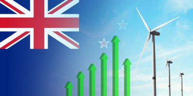 Yeni Zelanda bayrağı ve rüzgar türbini, yenilenebilir ekolojik enerji kaynağı. Verimlilik ve ekonomik kalkınma. Yükselen yeşil grafik. Enerji kavramı.