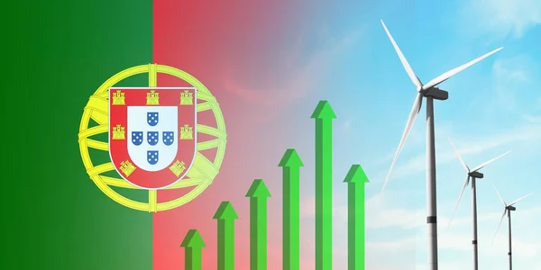 Flaga Portugalii Turbina Wiatrowa Odnawialne Ekologiczne Źródło Energii Efektywność Rozwój — Zdjęcie stockowe
