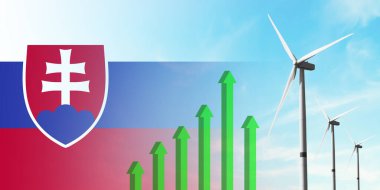 Slovakya bayrağı ve rüzgar türbini, yenilenebilir ekolojik enerji kaynağı. Verimlilik ve ekonomik kalkınma. Yükselen yeşil grafik. Enerji kavramı.