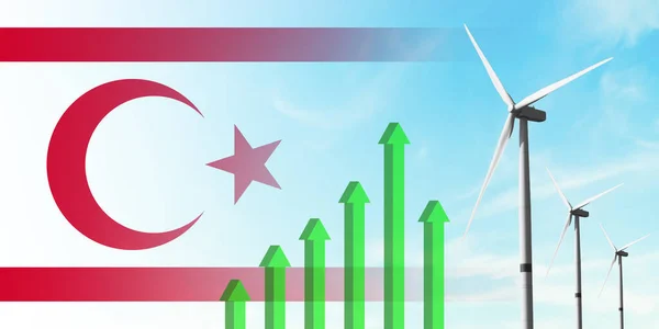 北塞浦路斯土耳其共和国国旗和风力涡轮机 可再生能源 效率和经济发展 上升的绿色图表 能源概念 — 图库照片