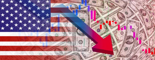 Banking crisis and economic fluctuation in America. Down arrow symbolizing the collapse of banking. Bank stocks are falling. Financial concept background image