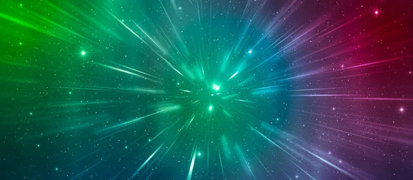 光速度 宇宙背景画像 暗い空間でのスターバーストと明るい緑 紫と青の光線 — ストック写真