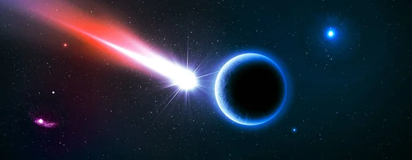 青い惑星と巨大な隕石 深宇宙の彗星 輝く星 — ストック写真