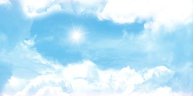 Mavi gökyüzü, bulutlar ve güneş manzarası. Tavan dekorasyonu için resim. Gergin tavan gökyüzü deseni.