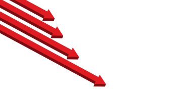 Düşen trend konsepti. Beyaz arka planda kırmızı oklar var. Hisse, fiyat, faiz, işsizlik, enflasyon, yatırım, döviz kuru, vs..