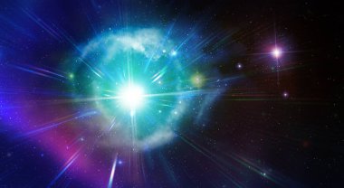 Big starburst and nebula lights in deep space. Cosmos and starry space background image clipart