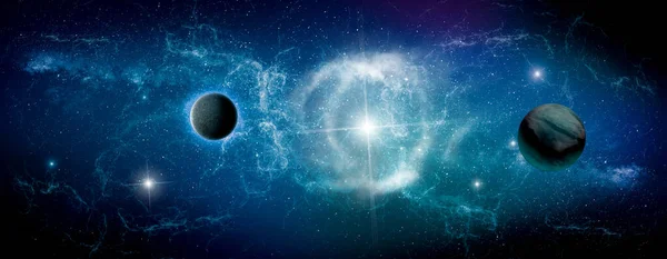 Space scene with planets, shining stars and distant galaxies. Horizontal view universe image for stretch ceiling decoration