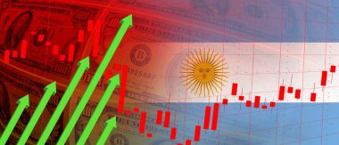 Arjantin bayrağı, dolar banknotları, borsa grafiği ve yükselen yeşil ok. Mali veriler, döviz kuru, istihdam, faiz, enflasyon, durgunluk ve finansal konsept geçmişi