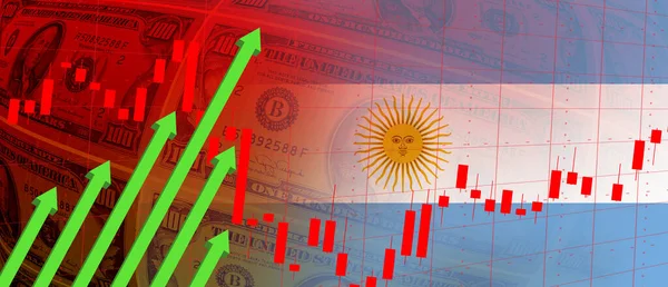 Arjantin bayrağı, dolar banknotları, borsa grafiği ve yükselen yeşil ok. Mali veriler, döviz kuru, istihdam, faiz, enflasyon, durgunluk ve finansal konsept geçmişi