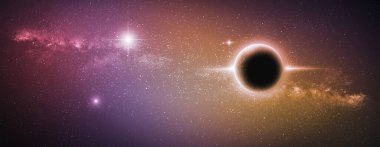 Gezegen, yıldızlar ve yıldız tozuyla muhteşem bir panoramik uzay sahnesi. Evrenin arka planı.