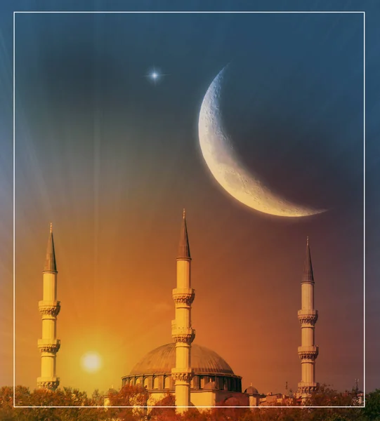 Karta Okolicznościowa Eid Adha Islamski Meczet Księżyc Święto Pozdrowienia Ofiary — Zdjęcie stockowe