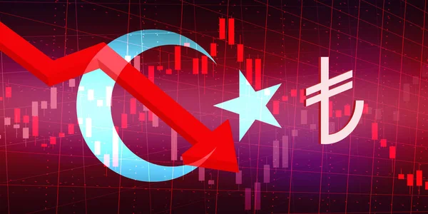 Turkey Lira fall. Economic crisis in Turkey. Devaluation and big increase in dollar rate. Economic crisis and financial background image.Falling down arrow.