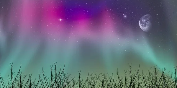 Estrellas Luna Púrpura Luces Boreales Verdes Cielo Nocturno Naturaleza Paisaje — Foto de Stock