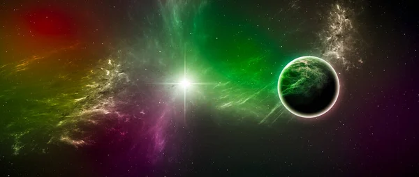 宇宙シーン 緑と紫の星の間で新たに発見された未知の惑星 — ストック写真