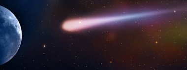 Meteor - kuyruklu yıldız aya yaklaşıyor. Uzay sahnesi.