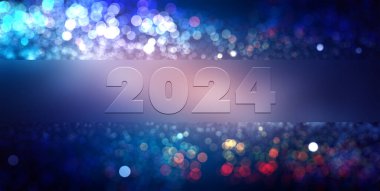 Yeni yıl 2024 konsept imajı. Bokeh efektli bir metin içerir. Pankart, duvar kağıdı, tasarım ögesi veya ileti arkaplanı olarak kullanılabilir.