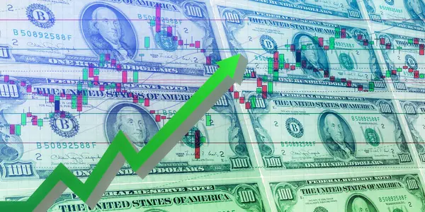 Hisse senedi ve Amerikan para birimi çizelgesi. Kırmızı ve yeşil şamdan şeması, yükselen yeşil ok, piyasa dalgalanması.