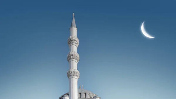 Ramadan background photo. Mosque minaret and crescent moon.