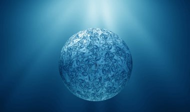 Spot ışıkları altında koyu mavi arka planda dolar banknotlarından yapılmış bir dünya. 100 dolar şeklinde yuvarlak bir dünya. Dolar banknotlu dolar topu.