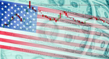 ABD ekonomi verileri, para birimi ve bayrak. Borç, faiz, kredi, ticaret, enflasyon, borsa, etf. Kavramların finansal konsept arkaplan resmi.